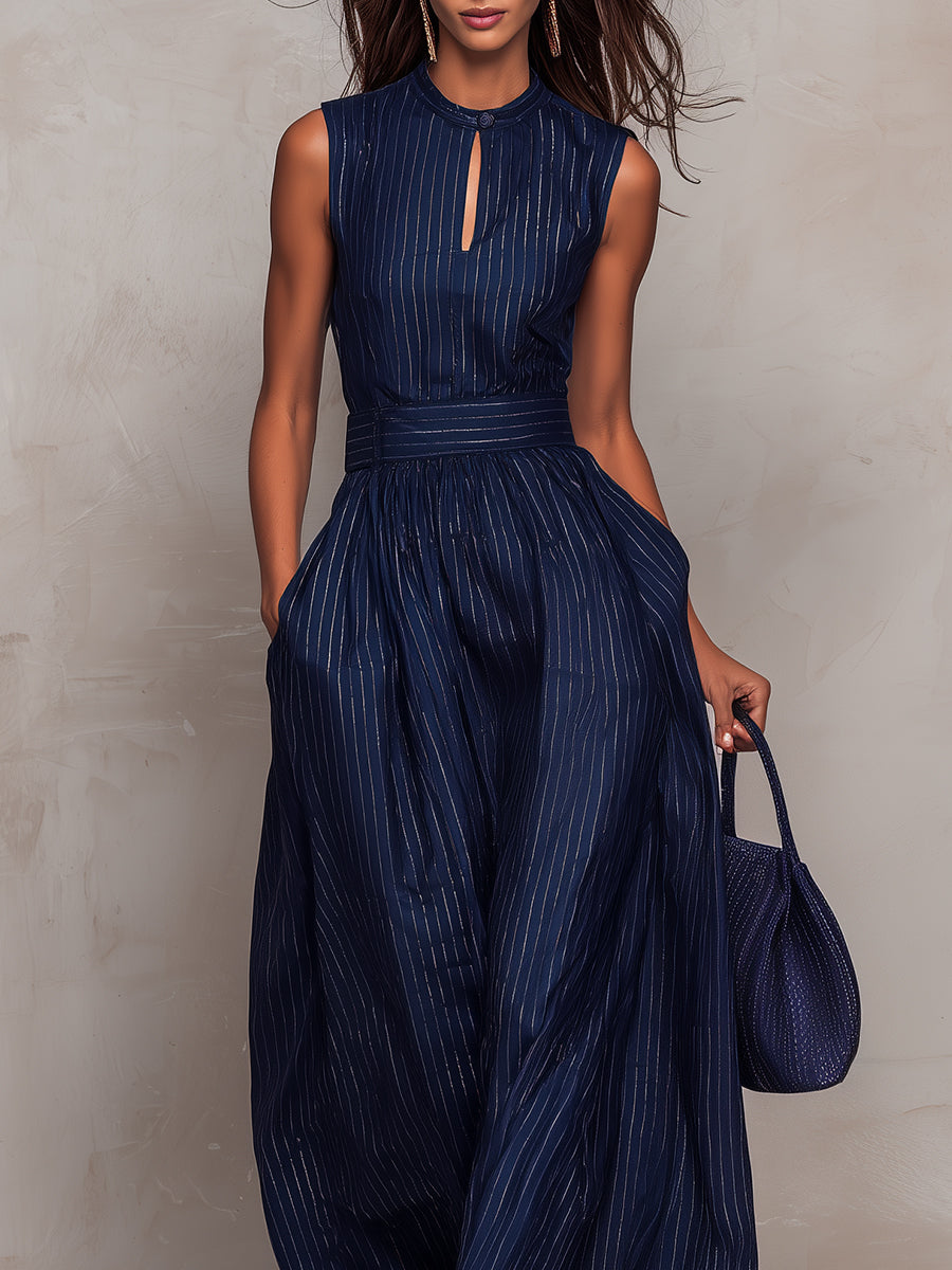 ANNA™ | Dark Blue Striped Jumpsuit with Keyhole Neckline and Wide-Leg Trousers