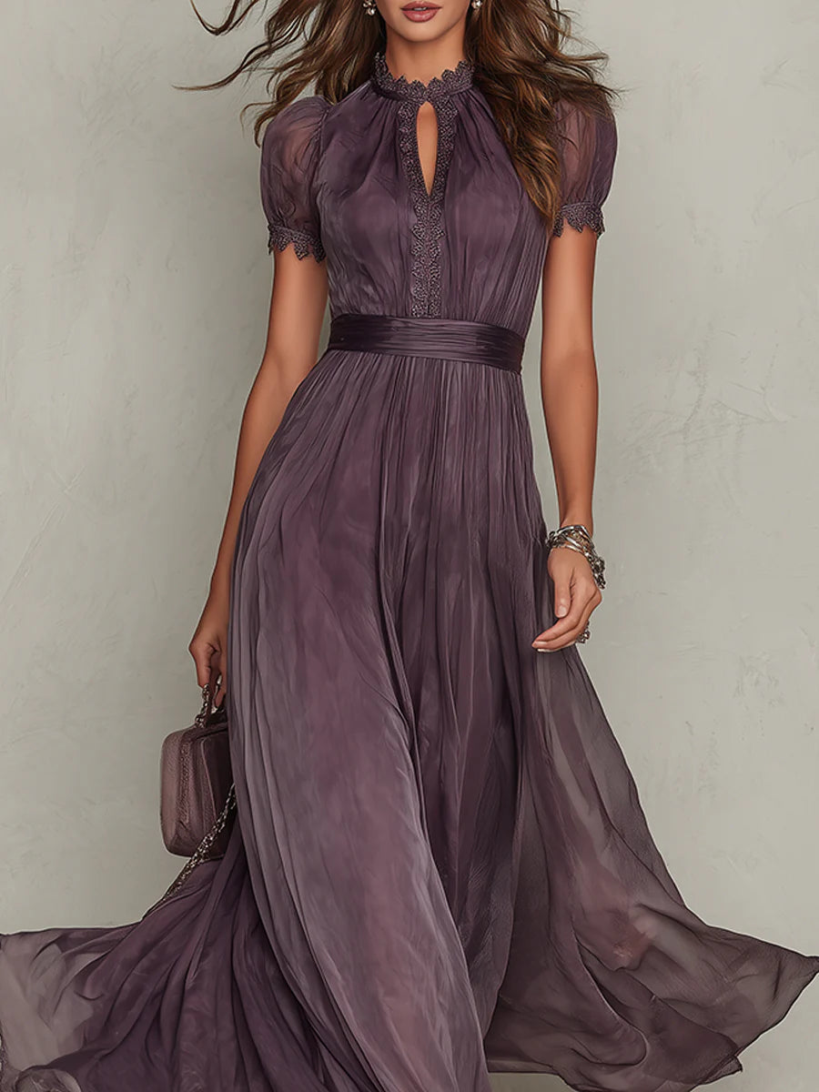Flavia | Elegant long violet dress with a drop neckline and lace