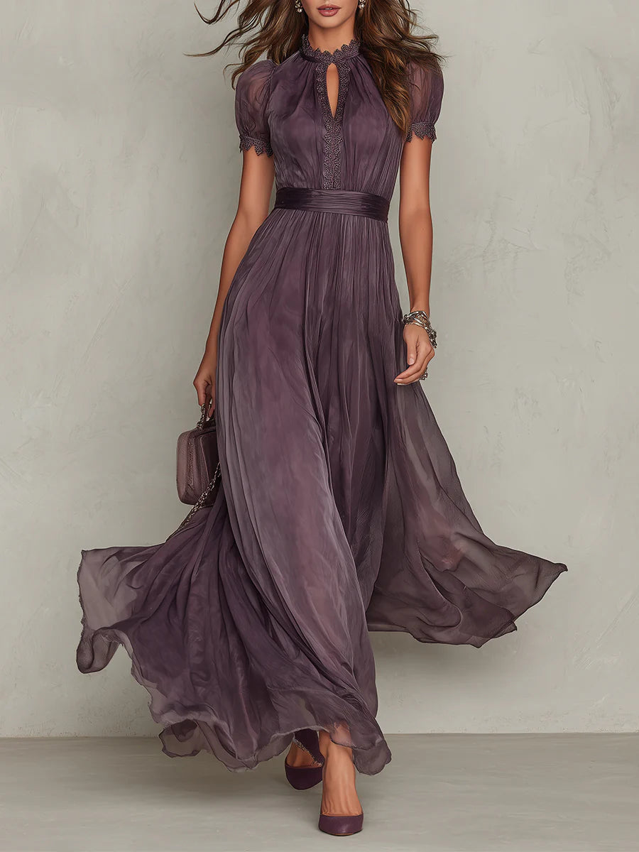 FLAVIA™ | Long Purple Dress with Keyhole Neckline and Chiffon Lace Trim