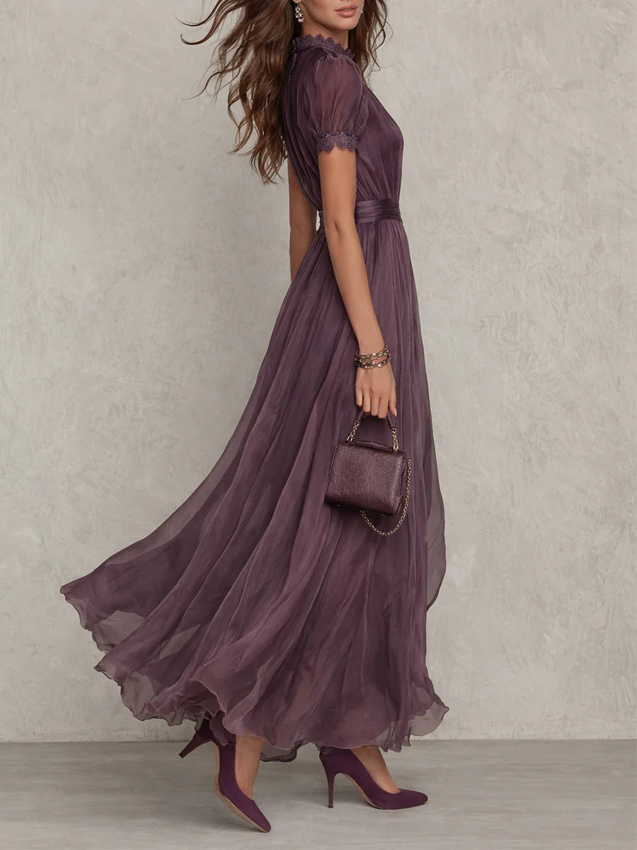 FLAVIA™ | Long Purple Dress with Keyhole Neckline and Chiffon Lace Trim
