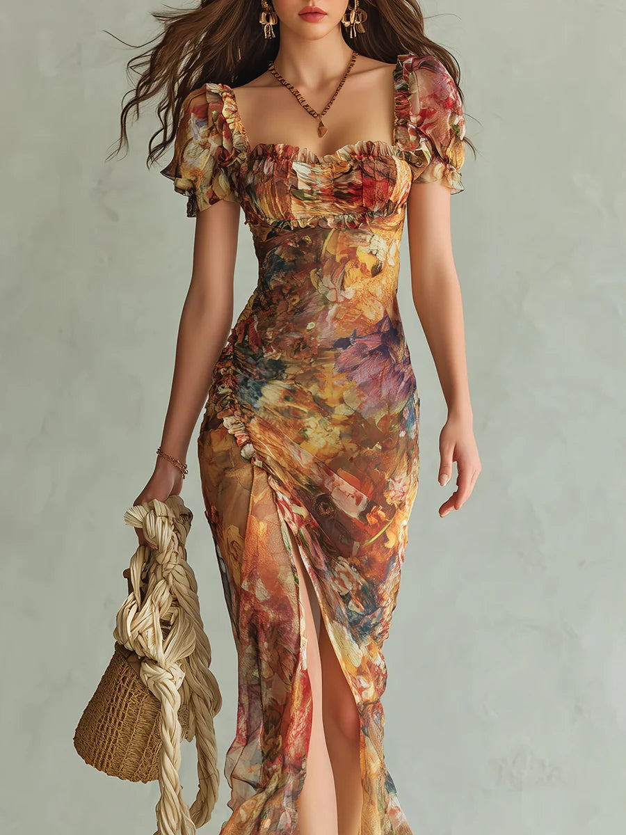 VIOLA™ | Long Orange Chiffon Dress with Bohemian Print