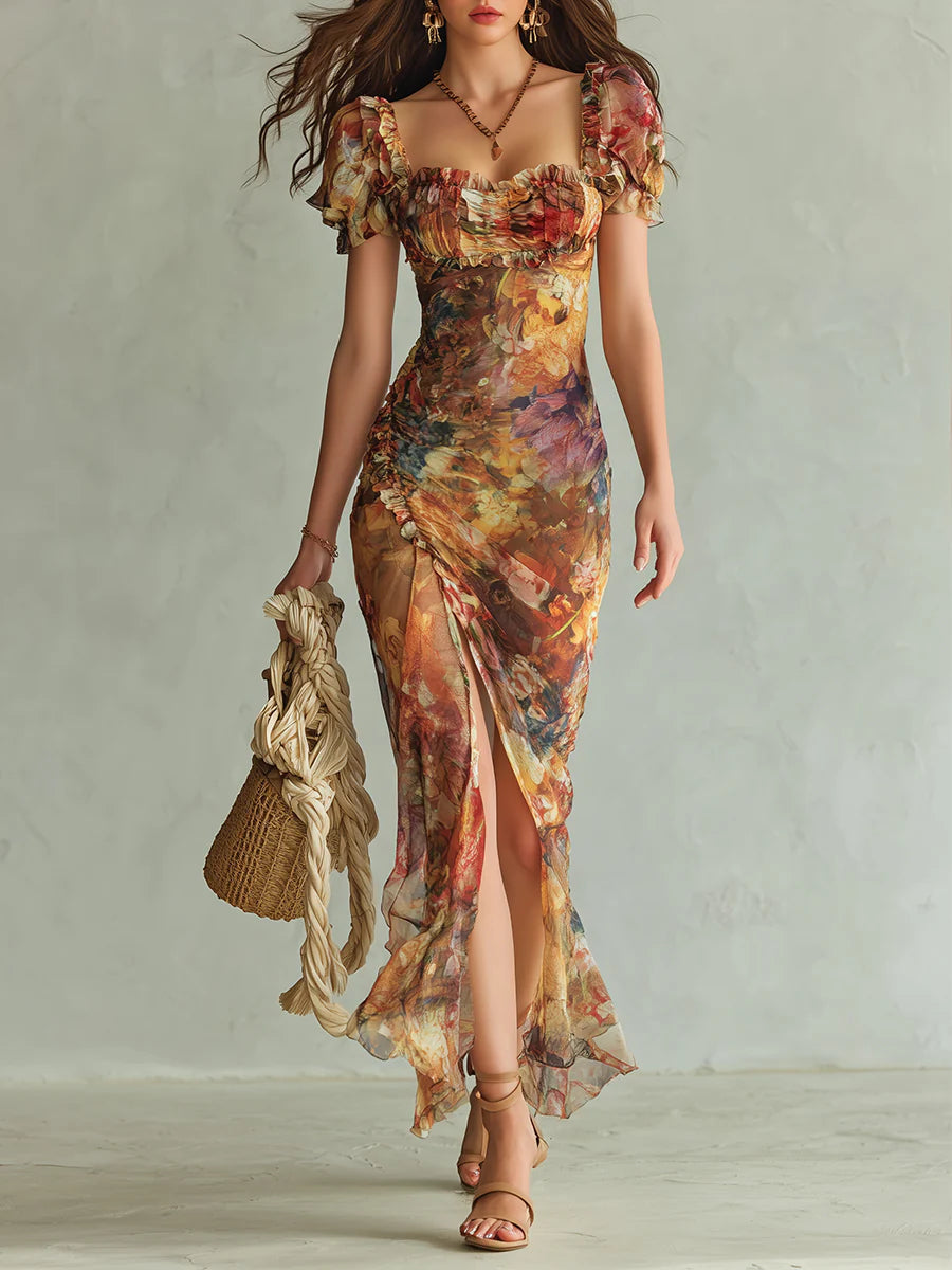 VIOLA™ | Long Orange Chiffon Dress with Bohemian Print