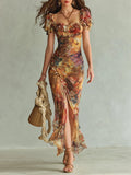 VIOLA™ | Long Orange Chiffon Dress with Bohemian Print