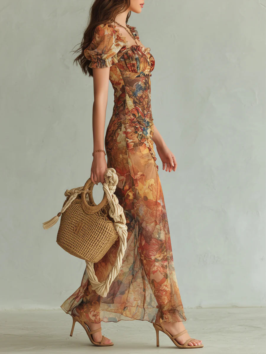 Viola - Flowing Orange Chiffon Dress with Bohemian-Inspired Oil Print