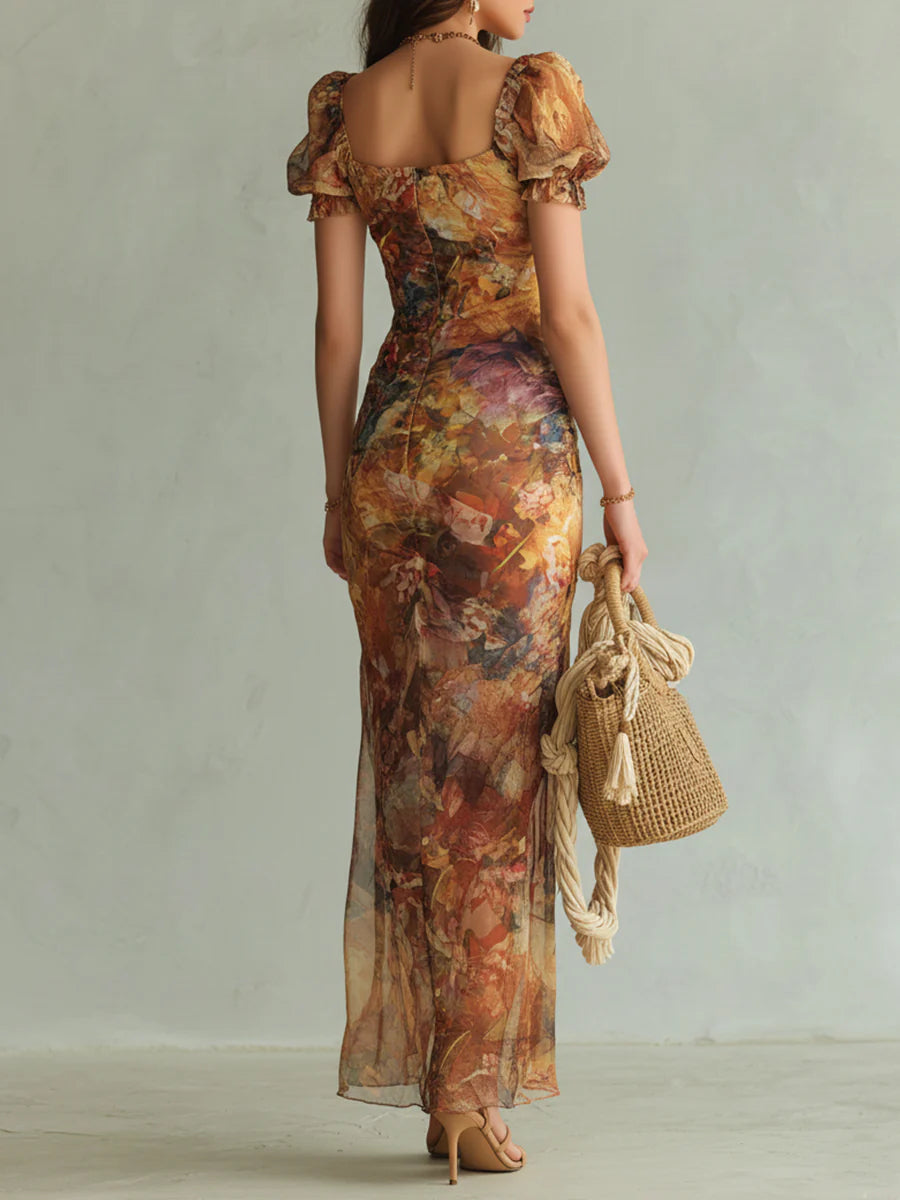 Viola - Flowing Orange Chiffon Dress with Bohemian-Inspired Oil Print