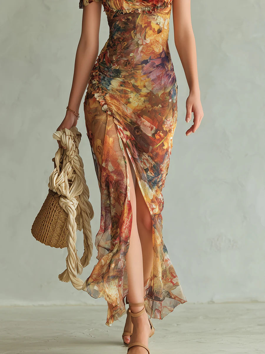 Viola - Flowing Orange Chiffon Dress with Bohemian-Inspired Oil Print