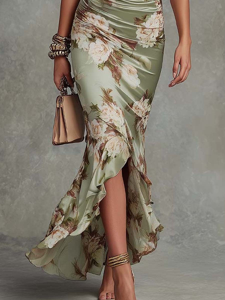 ANNA™ | Asymmetrical Green Maxi Dress with V-Neck, Ruffled Bell Sleeves and Floral Pattern