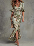 ANNA™ | Asymmetrical Green Maxi Dress with V-Neck, Ruffled Bell Sleeves and Floral Pattern