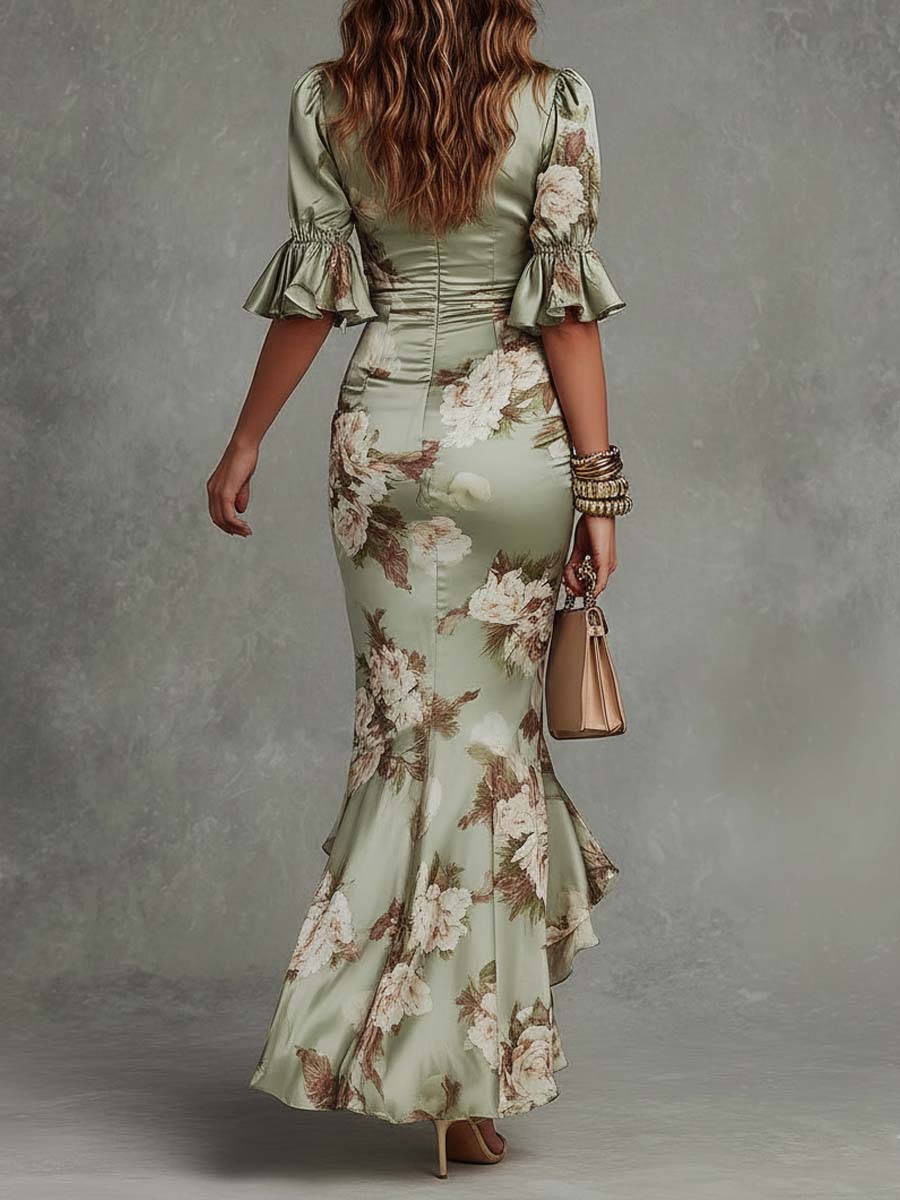 Ana - Long asymmetrical satin dress in green with a V-neck