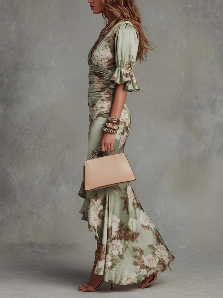 ANNA™ | Asymmetrical Green Maxi Dress with V-Neck, Ruffled Bell Sleeves and Floral Pattern