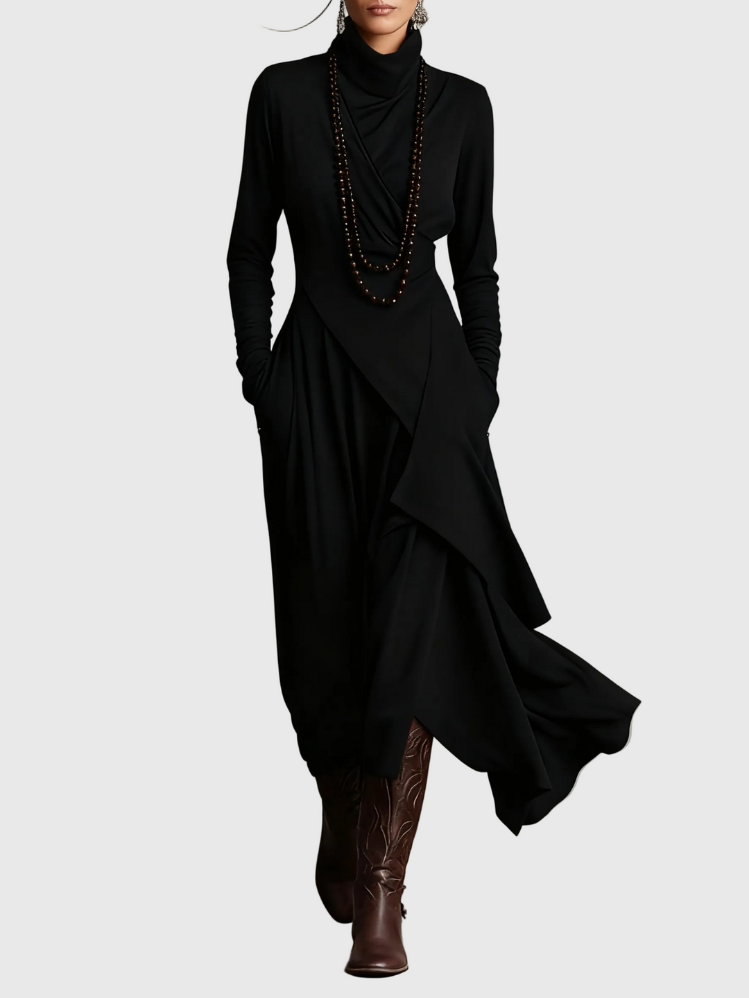 Woman wearing the Lucy draped high-neck maxi dress in violet with ankle boots.