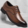 Men's brown polished Oxford shoes with a high-shine finish and clean classic silhouette