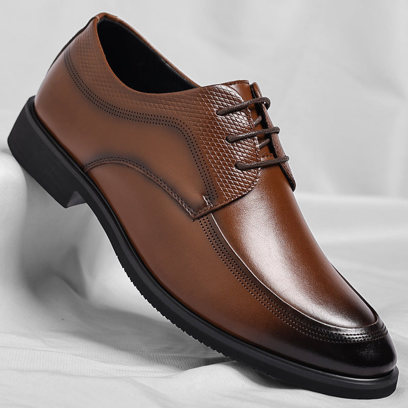 Men's brown polished Oxford shoes with a high-shine finish and clean classic silhouette