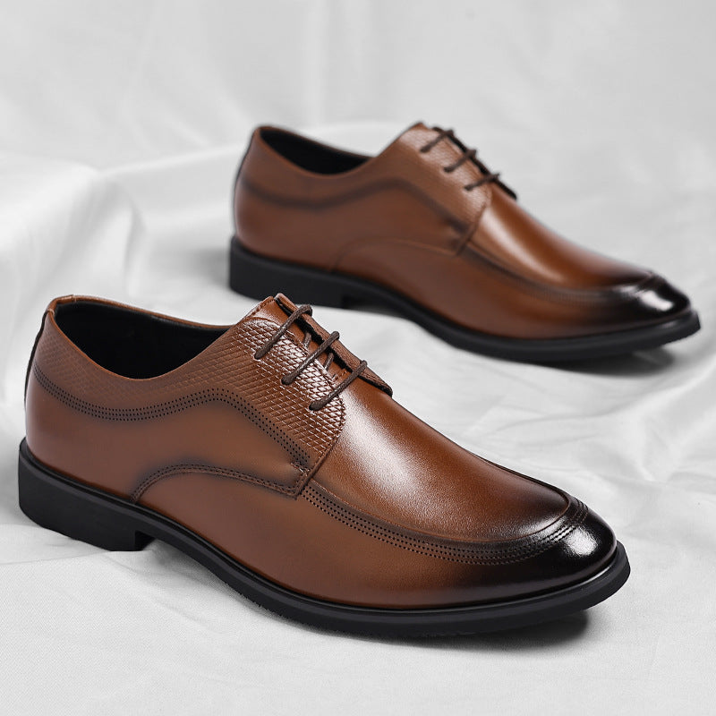 Men's brown polished Oxford shoes with a high-shine finish and clean classic silhouette