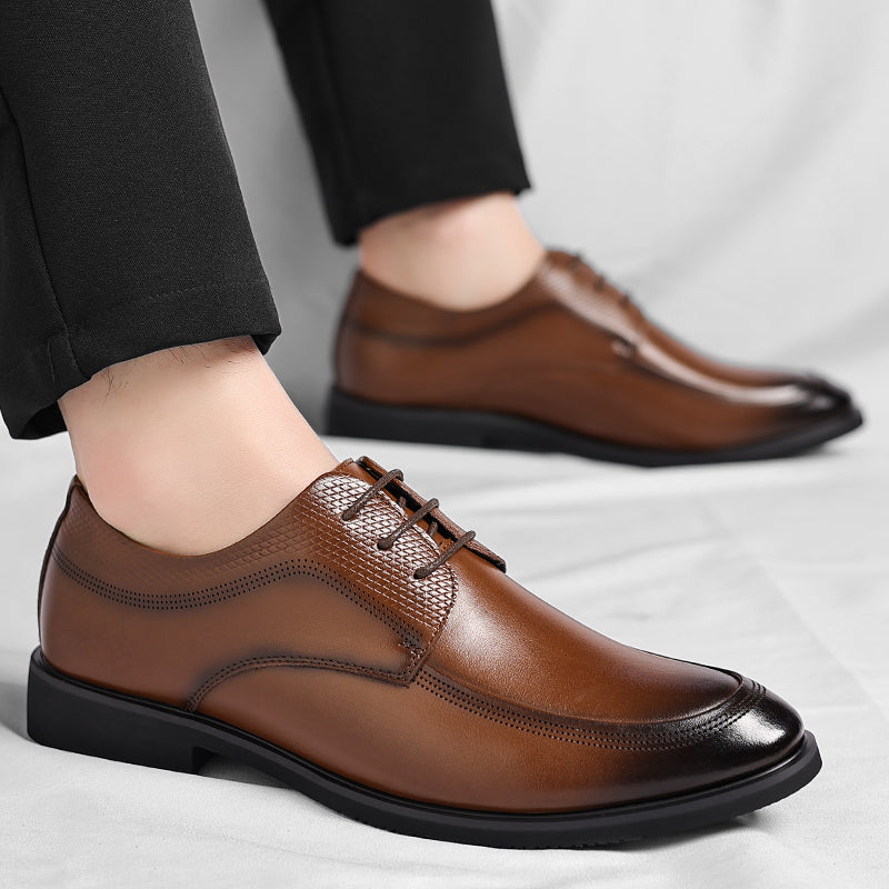 Men's brown polished Oxford shoes with a high-shine finish and clean classic silhouette