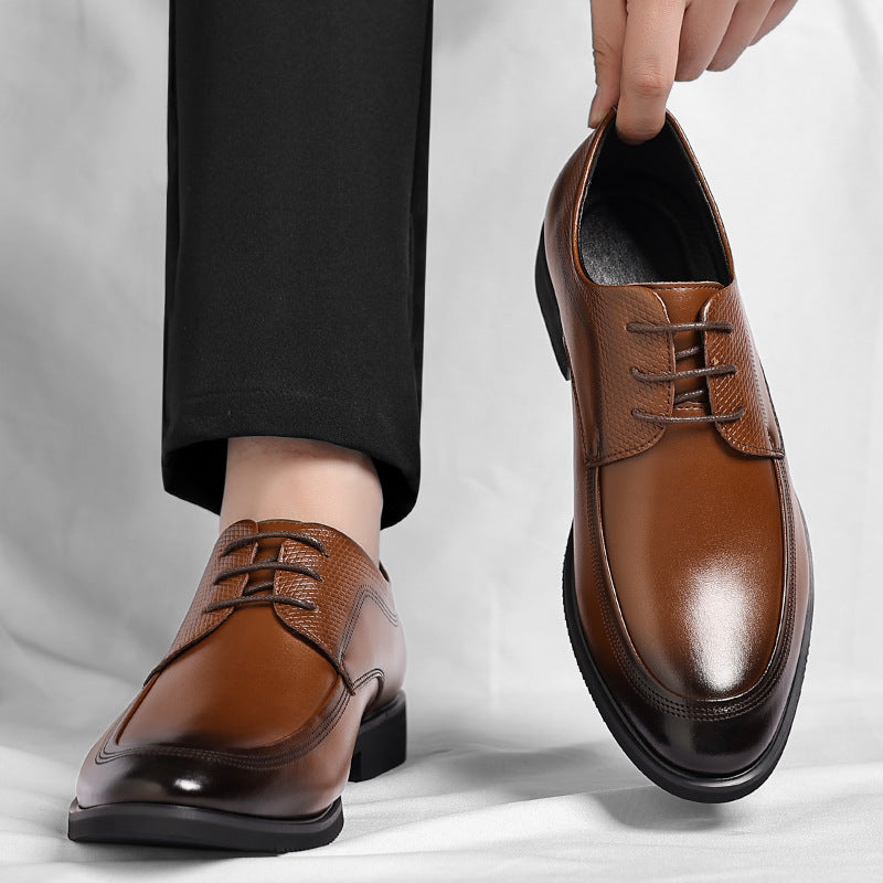 Men's brown polished Oxford shoes with a high-shine finish and clean classic silhouette
