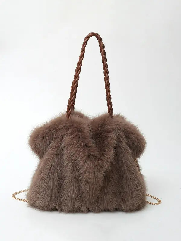 Soft-touch shoulder bag in deep brown with a plush, luxurious texture