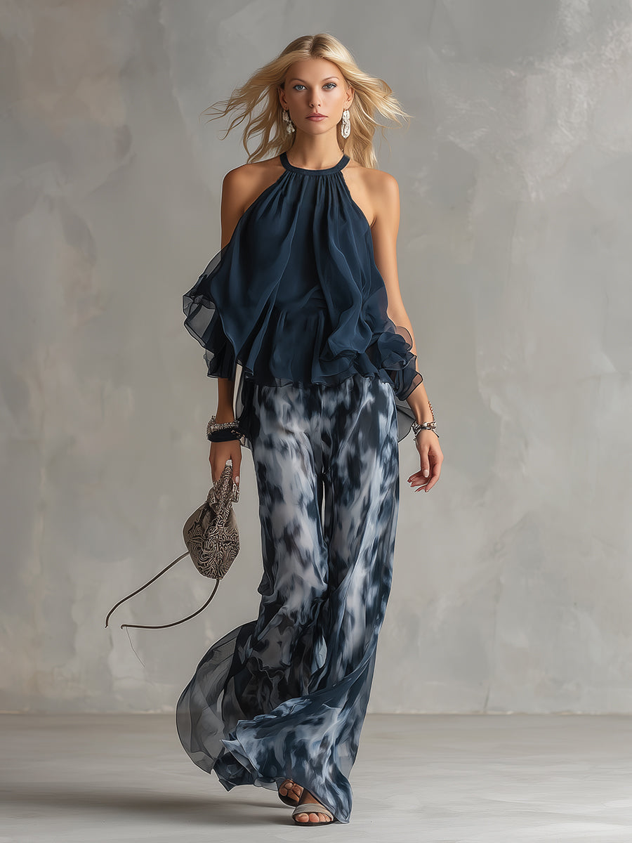 LUDOVICA™ | Elegant Chiffon Set with High-Neck Top and Wide Printed Trousers