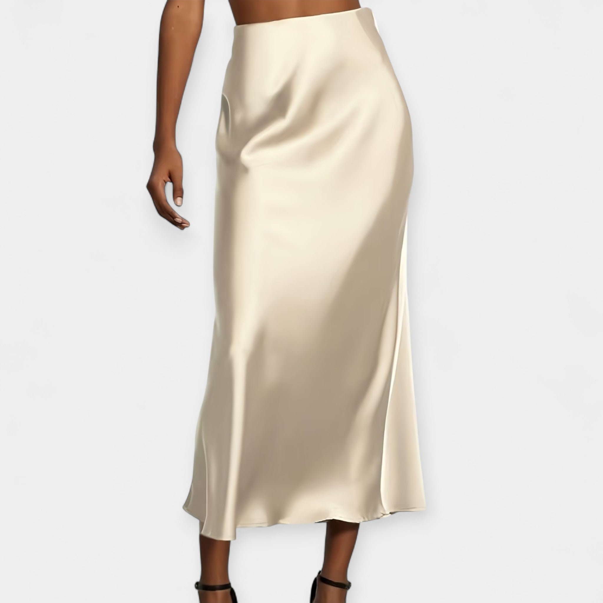 High-waist smooth midi skirt in black with a flowing wide-cut silhouette and lustrous finish