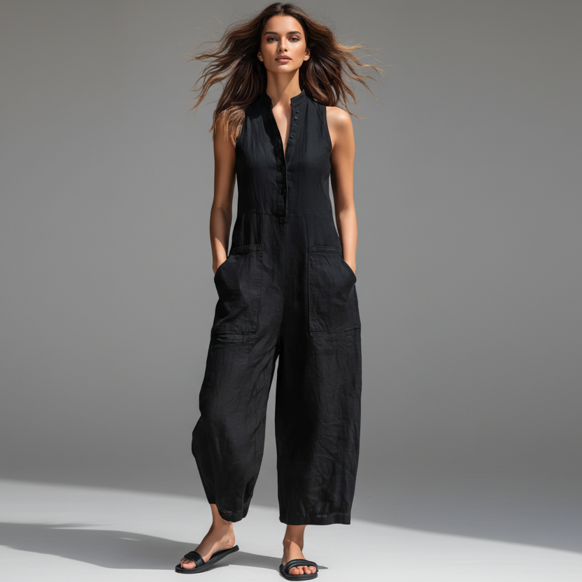 Minimalist white jumpsuit with front button detail and a relaxed fluid silhouette