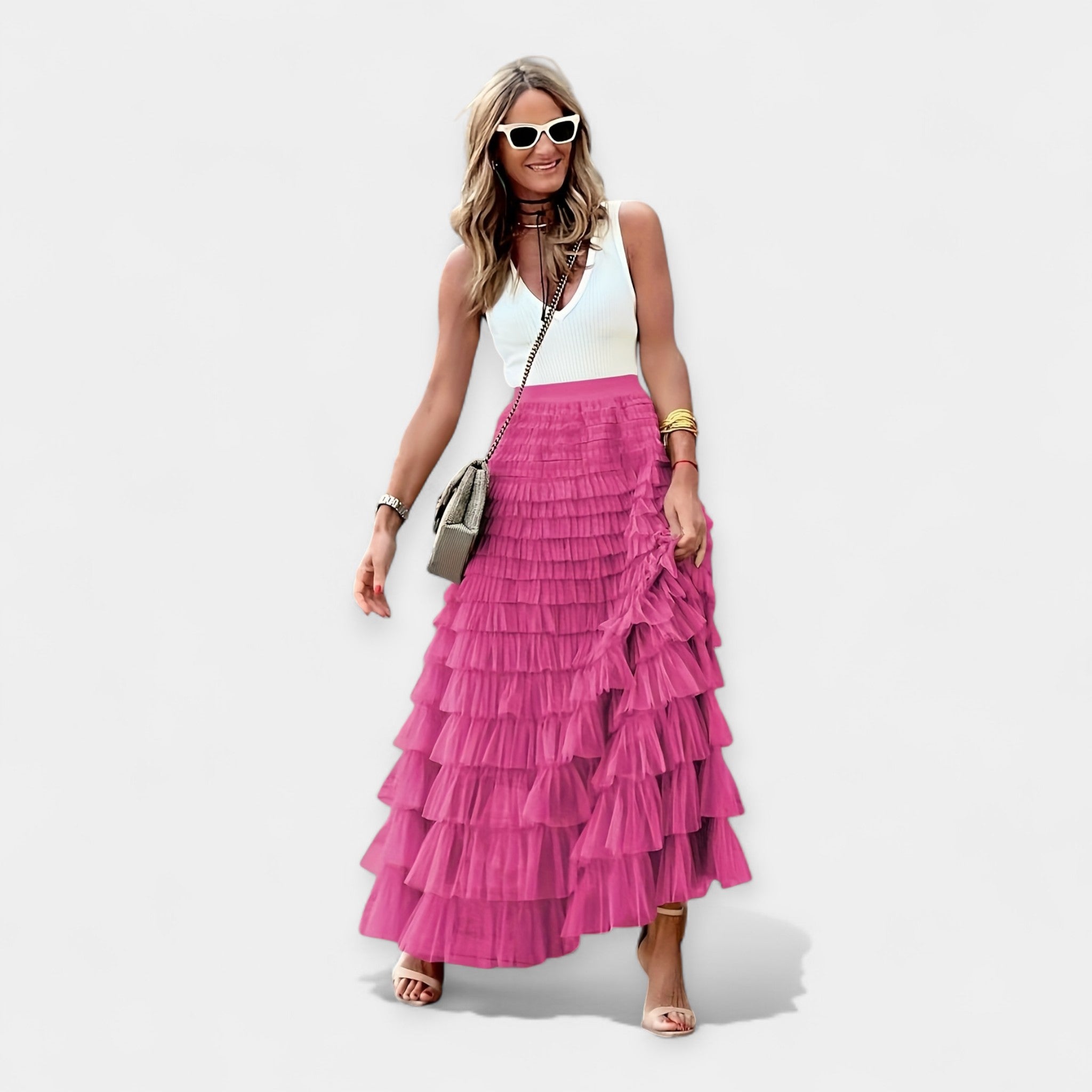 Boho high-waist midi skirt in dark green with a mesh hem border detail