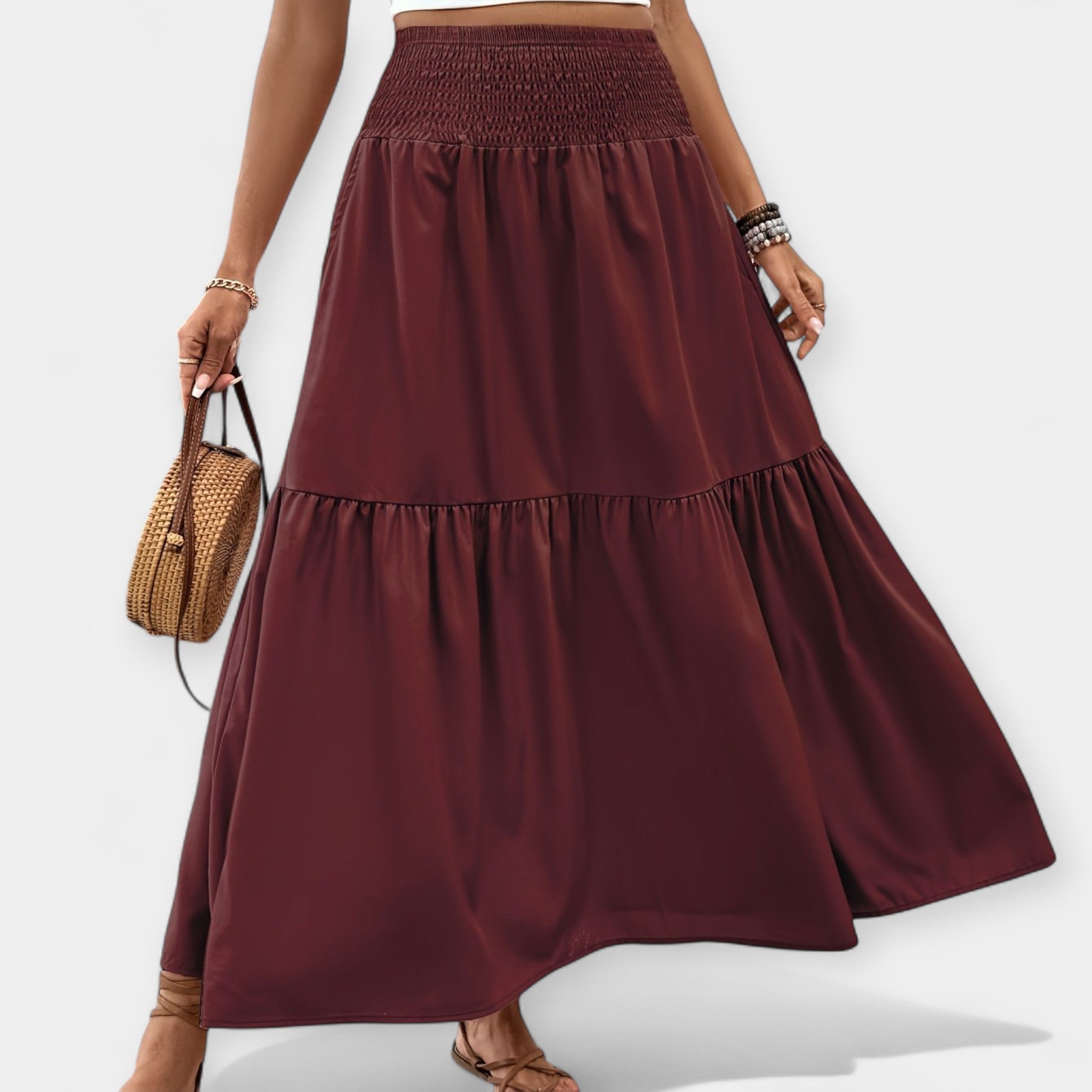 Floral midi skirt in violet print with elasticated waist and discreet side pockets