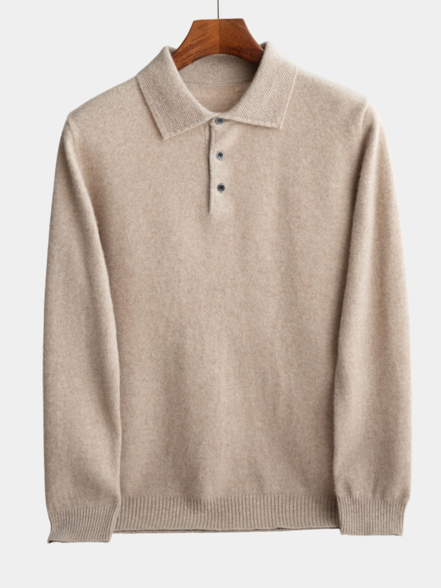 Men's polo collar knit jumper in navy blue with a clean classic silhouette and button placket