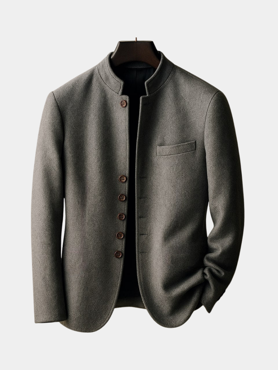 Men's high-collar blazer in grey with a structured tailored silhouette and clean lines