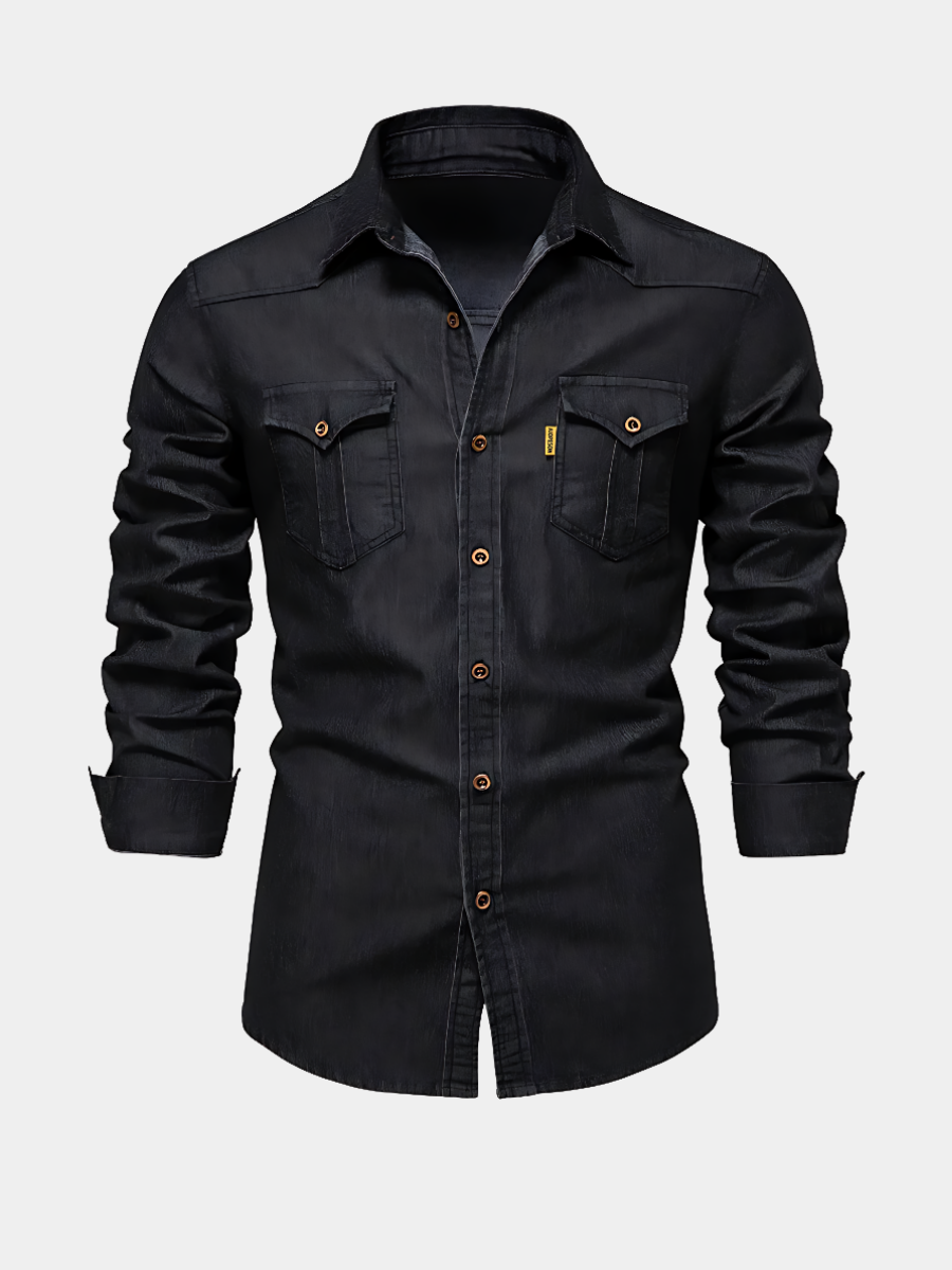 Men's slim-fit washed-blue shirt in dark navy with clean collar and structured silhouette