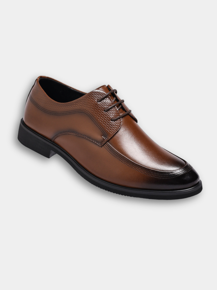 Men's brown polished Oxford shoes with a high-shine finish and clean classic silhouette