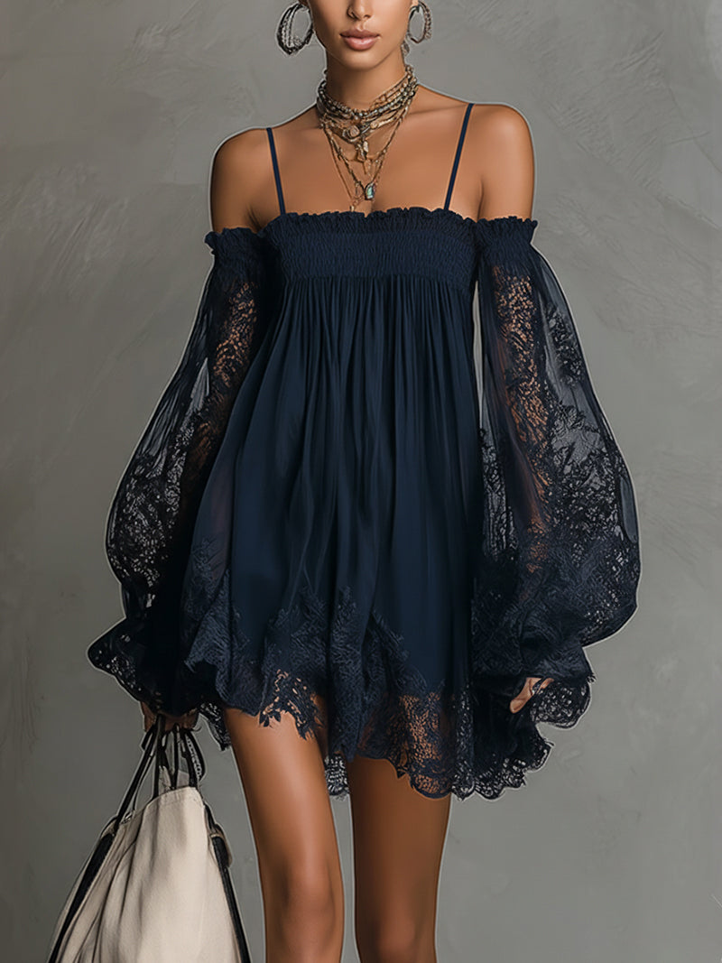 NOEMI™ | Navy Blue Off-Shoulder Chiffon Mini Dress with Lace Trim and Sheer Sleeves