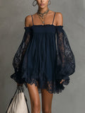 NOEMI™ | Navy Blue Off-Shoulder Chiffon Mini Dress with Lace Trim and Sheer Sleeves