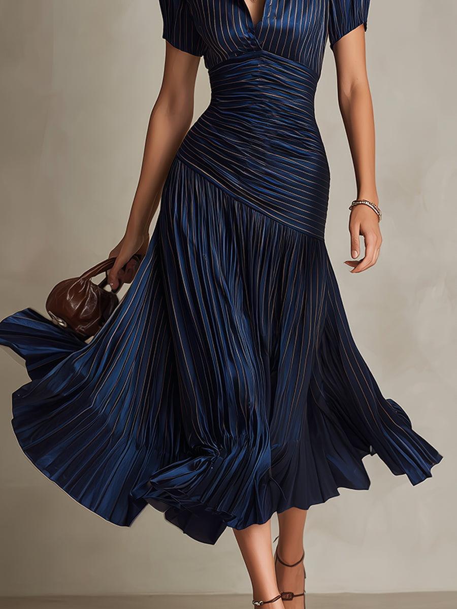 ADRIANA™ | Retro Striped Satin Midi Dress