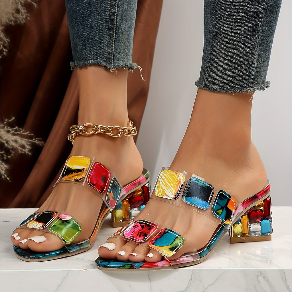 Jewelled heeled sandals with a colourful stone-studded upper and a backless design