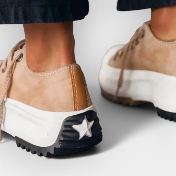 Women's thick-sole comfort trainers in warm brown tones with a chunky ergonomic sole