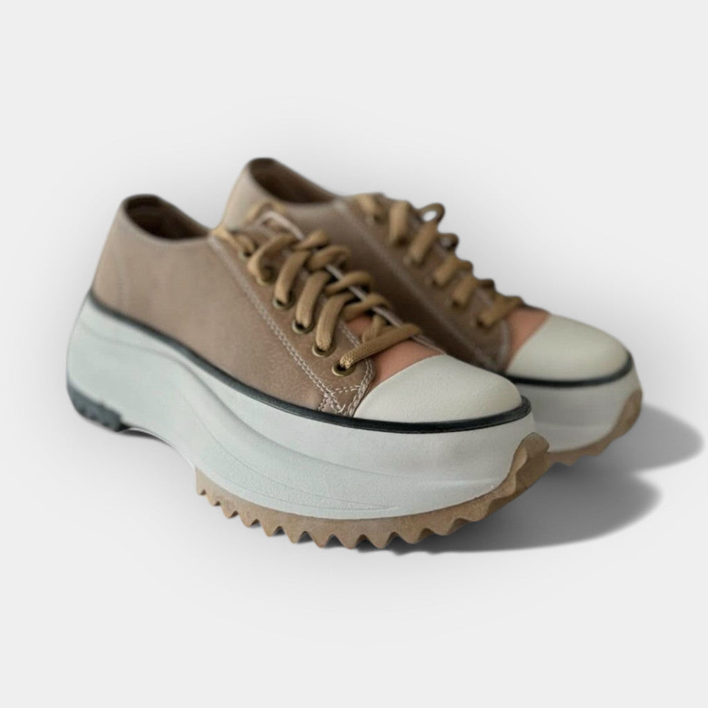 Women's thick-sole comfort trainers in warm brown tones with a chunky ergonomic sole
