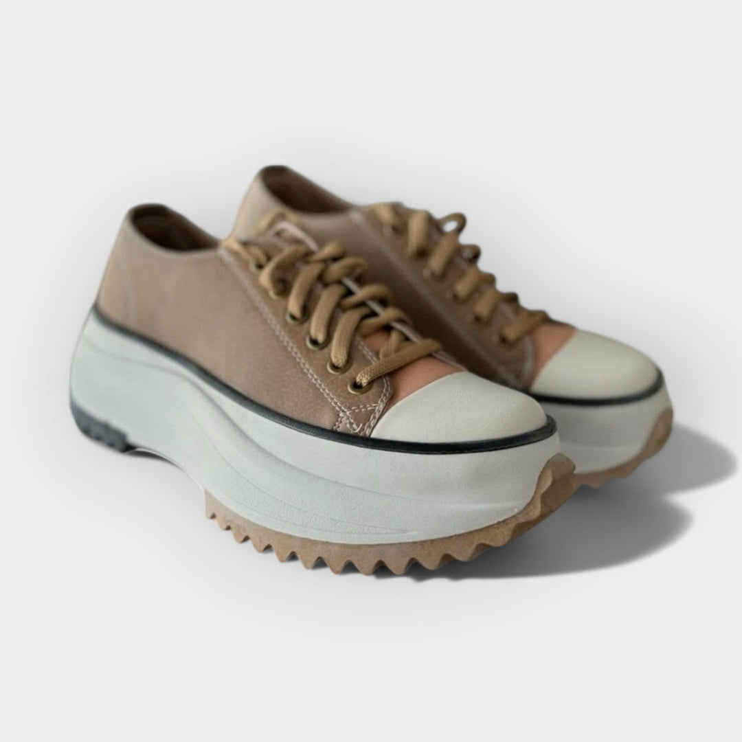 Women's thick-sole comfort trainers in warm brown tones with a chunky ergonomic sole