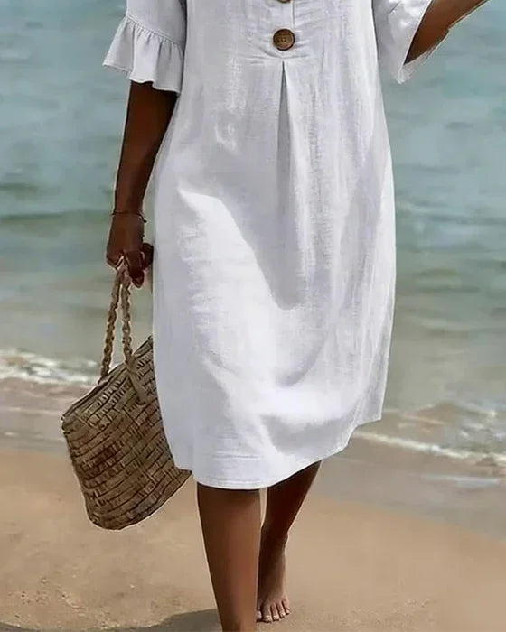 VANESA™ | Linen Textured Dress with Puff Sleeves and Button Detail