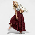 Floaty layered midi skirt in red with a full A-line silhouette and high waist