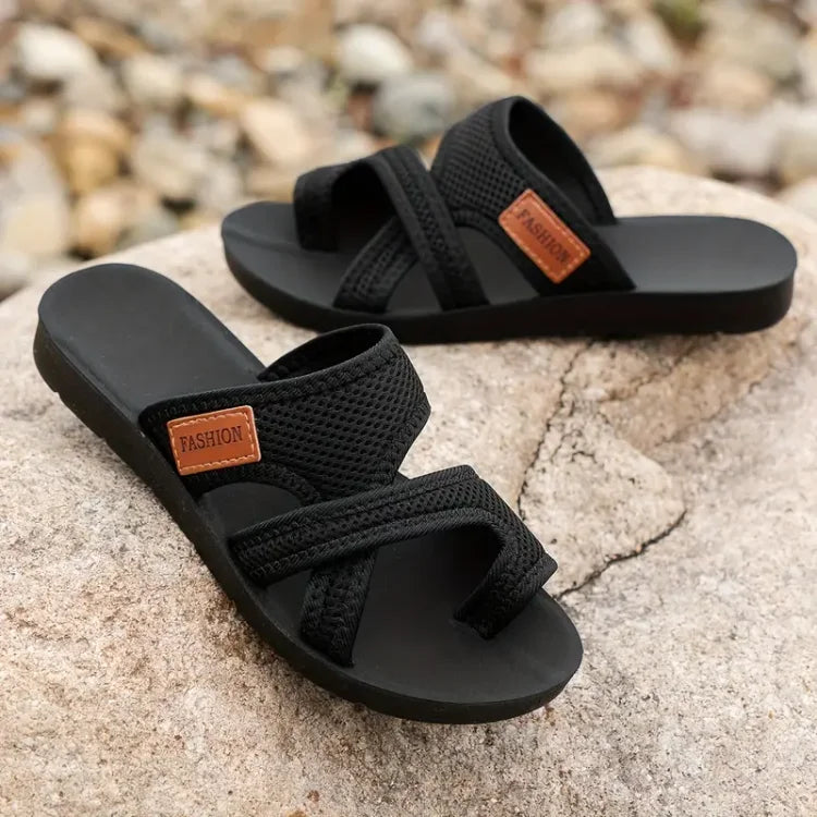 Crossover flat sandals in black, red and coffee brown