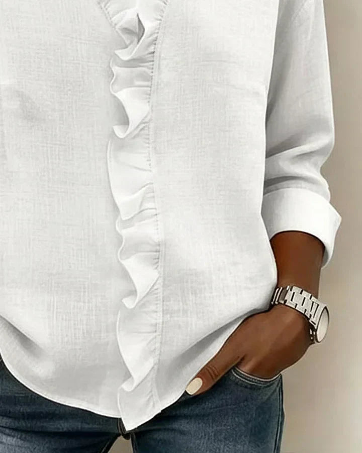 Pink women's V-neck blouse with decorative frill collar and long sleeves
