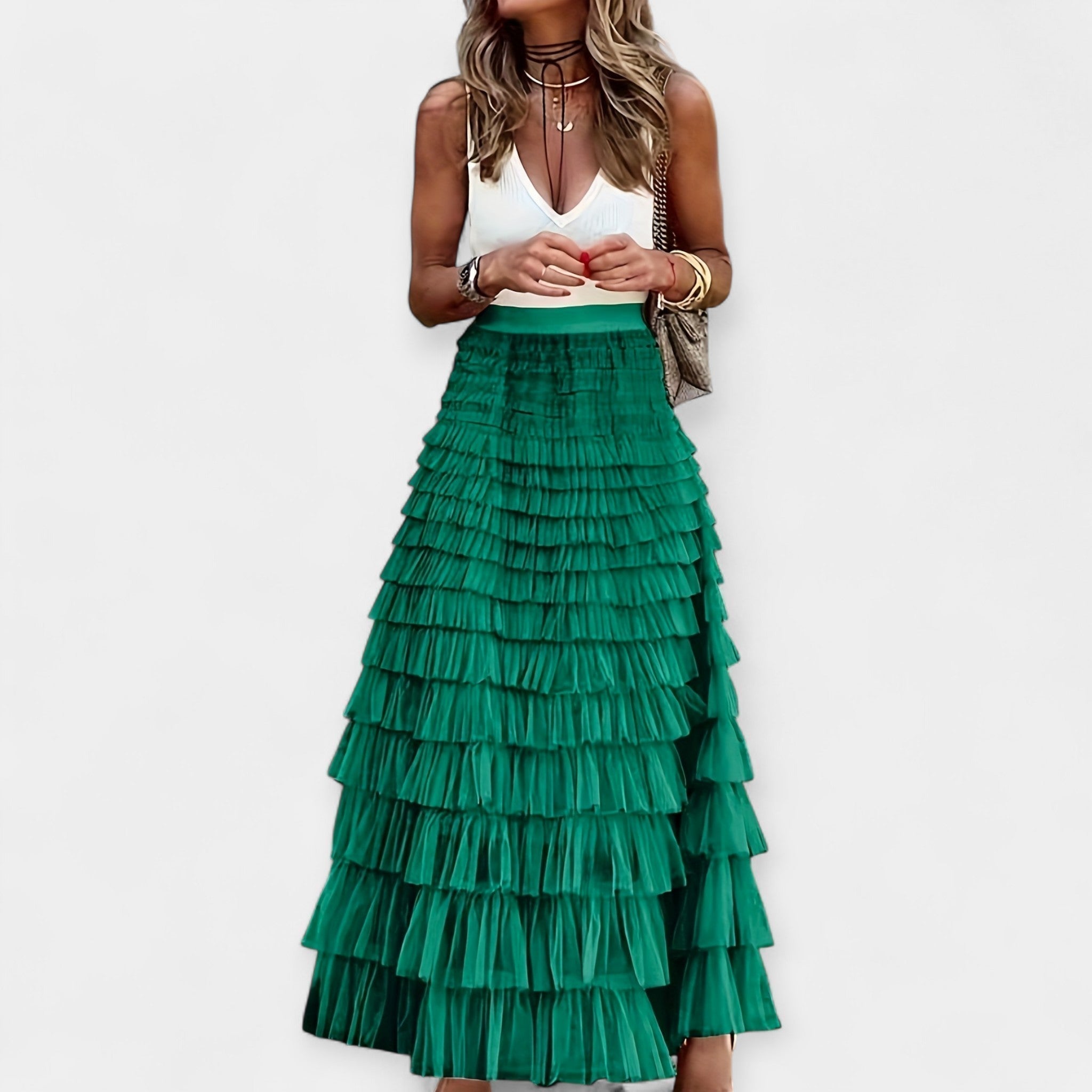 Boho high-waist midi skirt in dark green with a mesh hem border detail