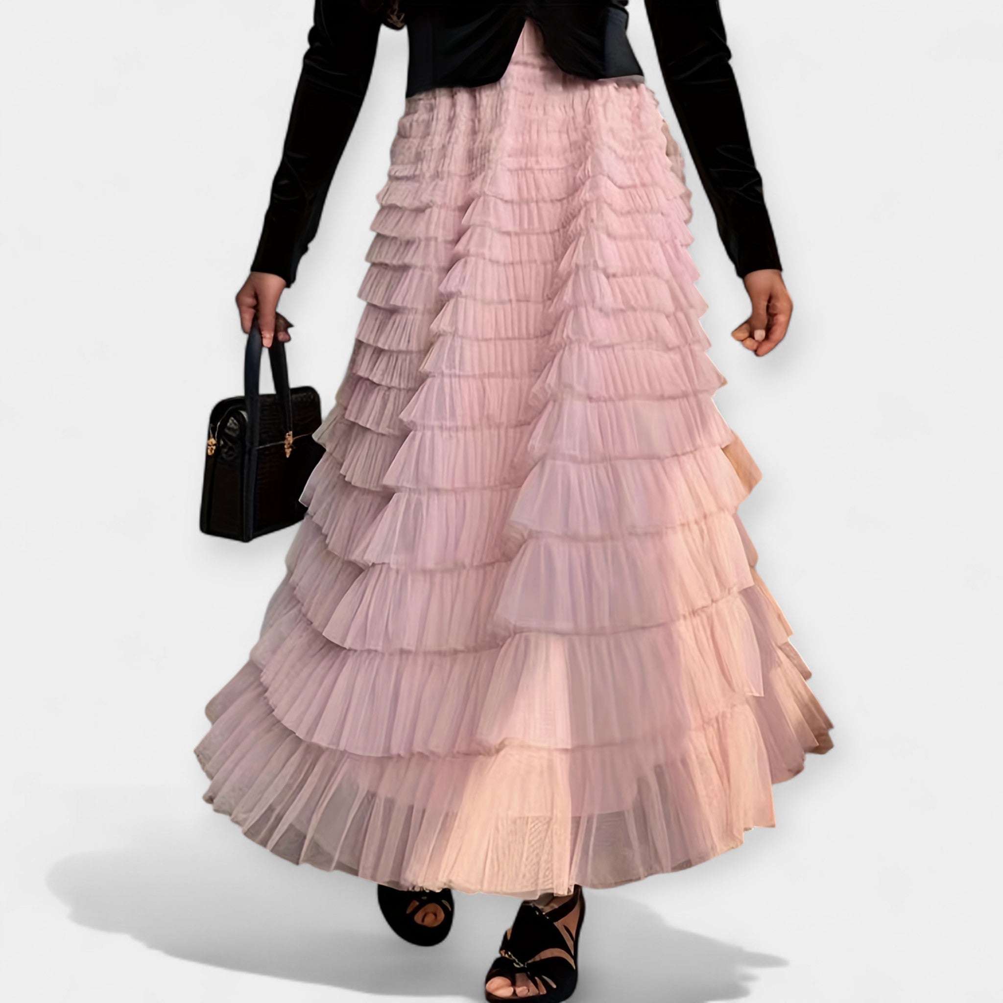 Floaty layered midi skirt in red with a full A-line silhouette and high waist