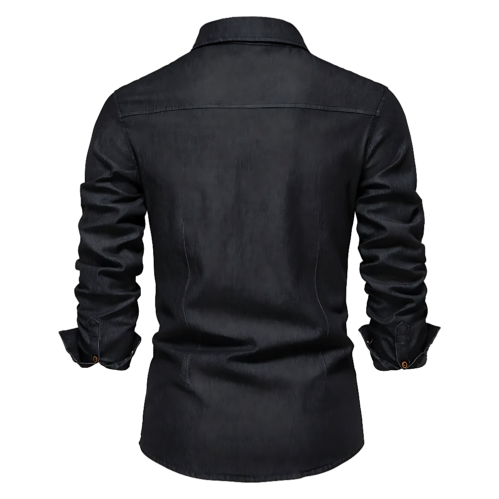 Men's slim-fit casual shirt in dark navy with a clean, structured silhouette