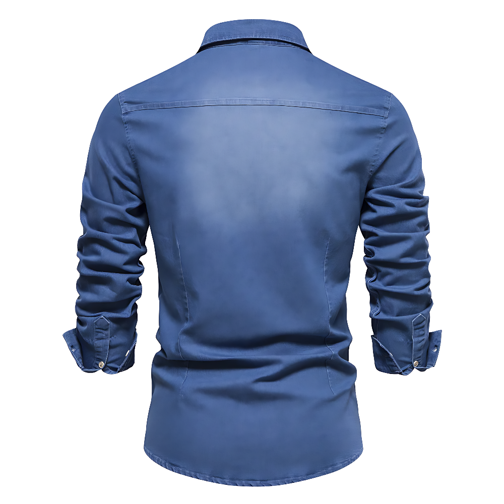 Men's slim-fit washed-blue shirt in dark navy with clean collar and structured silhouette