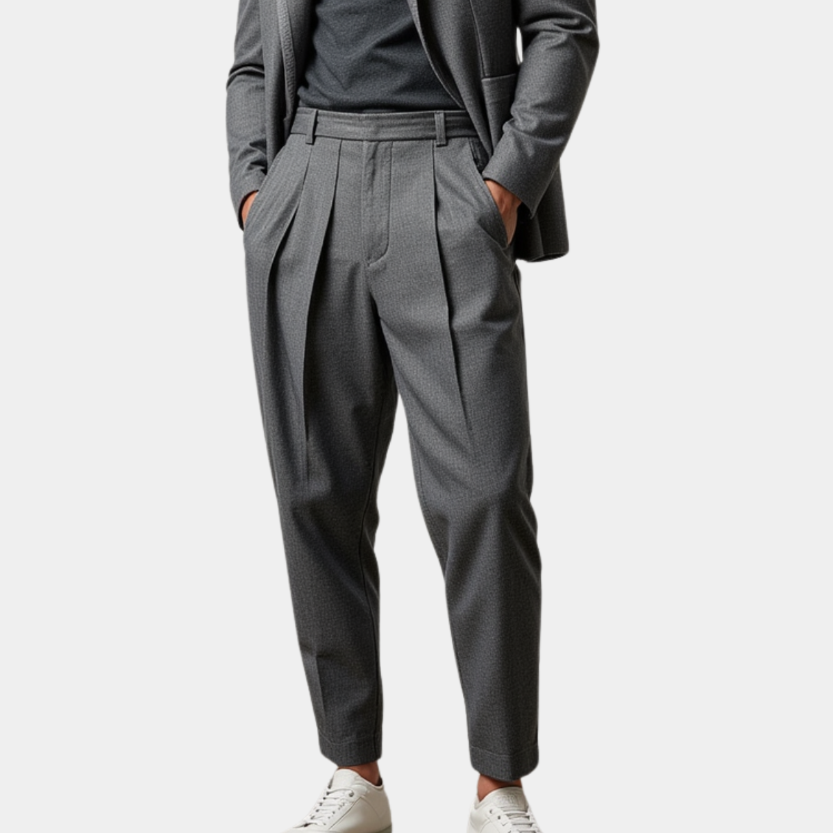 Men's classic pleated dress trousers in grey with a clean tailored silhouette