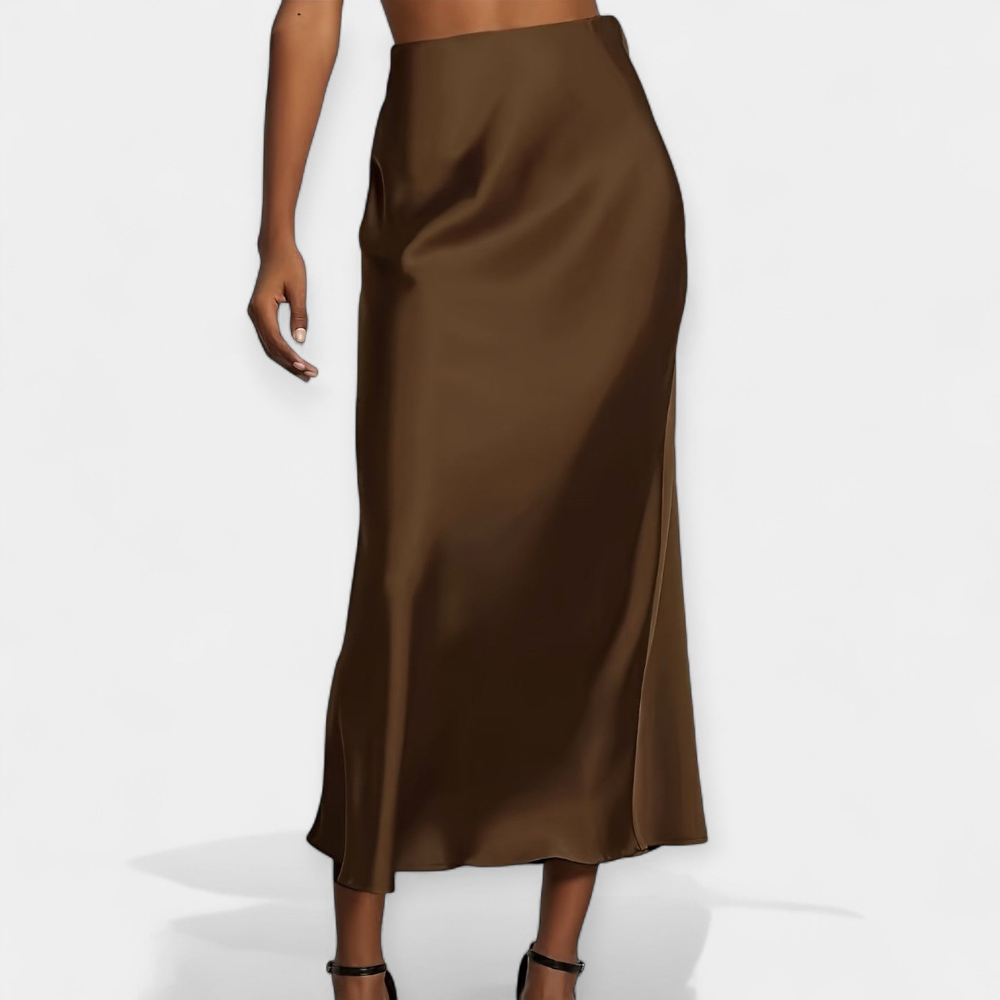 High-waist smooth midi skirt in black with a flowing wide-cut silhouette and lustrous finish