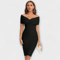 A fluid V-neck midi dress in black, draped elegantly and styled for a smart occasion