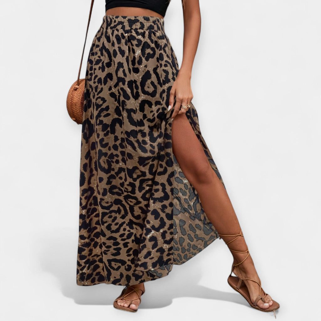 Leopard print midi skirt with a split hem and relaxed fluid silhouette