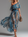 Selvaggia - Off-the-Shoulder Leopard Print Long Chiffon Dress